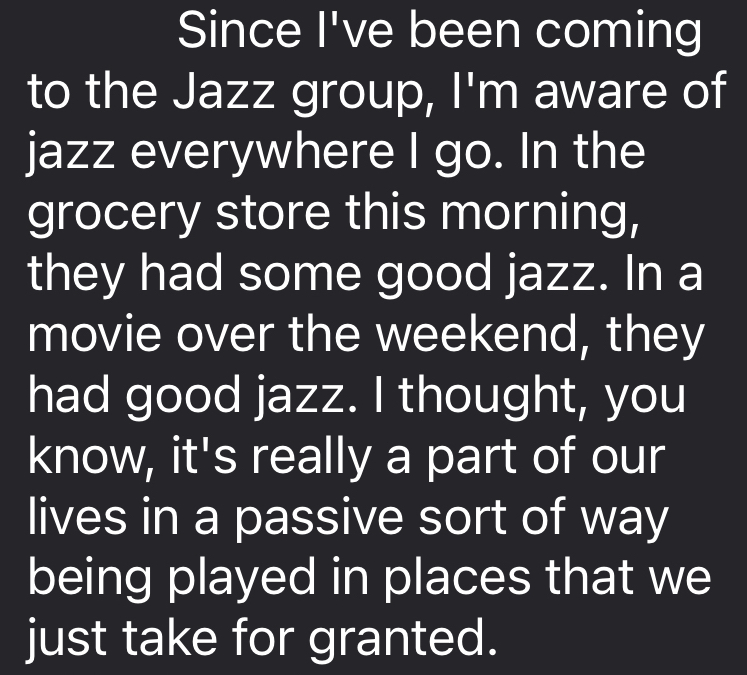 Past Guest Susan Foster-Hayo now notices jazz everywhere.